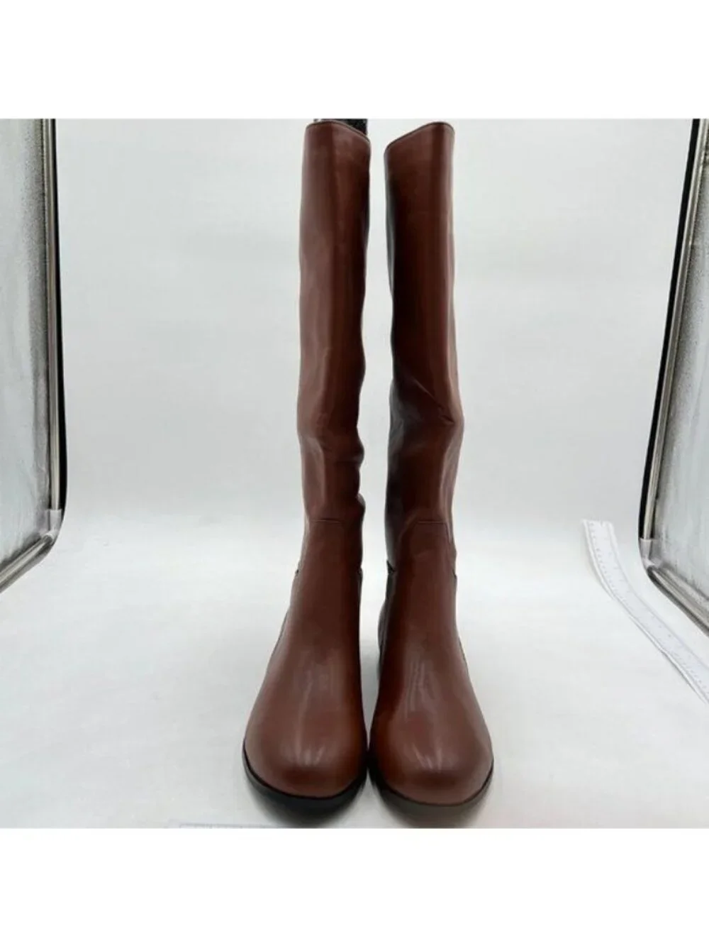 Knee High Boots Women Faux Leather Elastic Boots Low Heel Round Toe Brown